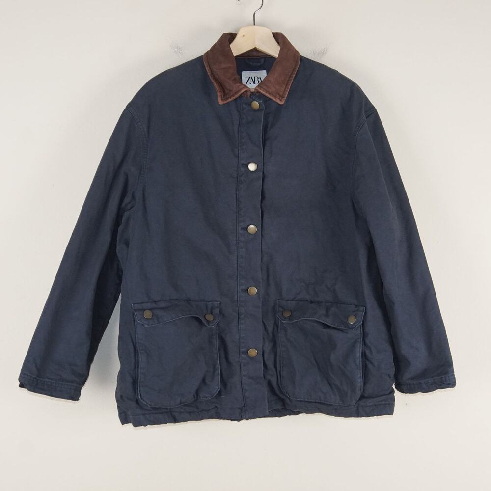 Zara Chore Contrast Lapel Collar Barn Blue Oversized Jacket Womens Sz M